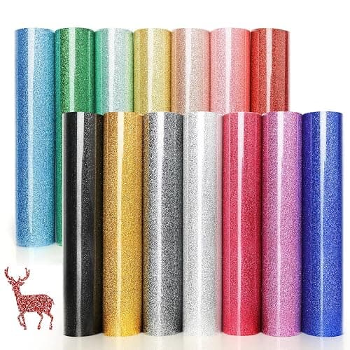Glitter Heat Transfer Vinyl HTV - 14 Pack 12"x10" Iron On Vinyl for Cricut, Silhouette Cameo or Heat Press Machine, Christmas Decorations Shirts Dress, 14 Assorted Colors HTV Glitter Heat Press Vinyl - Image 1