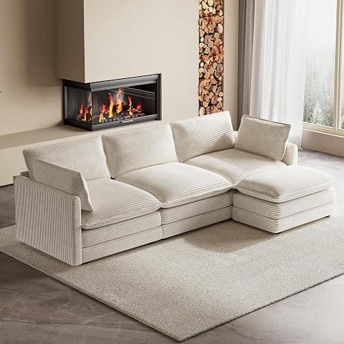ROWHY 104'' Modular Sectional Cloud Couch with Movable Ottoman, 4 Seat Modern Corduroy Sofa, Deep Seat L Shaped Couch for Living Room Bedroom Apartment, Beige thumbnail 8