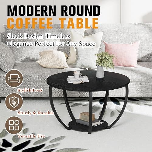 HOMERECOMMEND Round Coffee Table,23.6" Circle Coffee Table with Storage,2-Tier Wood Coffee Tables for Living Room, Accent Center Table,Sofa Table for Home Office, Black Coffee Table thumbnail 7