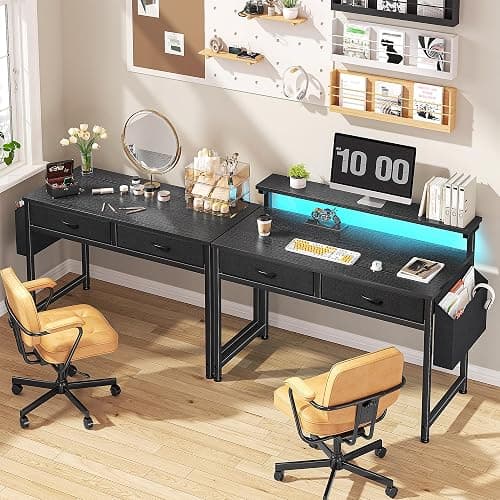 DurayLoly 31.5Inch Office Computer Desk with LED Lights & 2 Fabric Drawers, Gaming Desk with Side Pocket & Ergonomic Monitor Stand, Small Space Study Writing Table with Anti-Tip Design,Black thumbnail 9