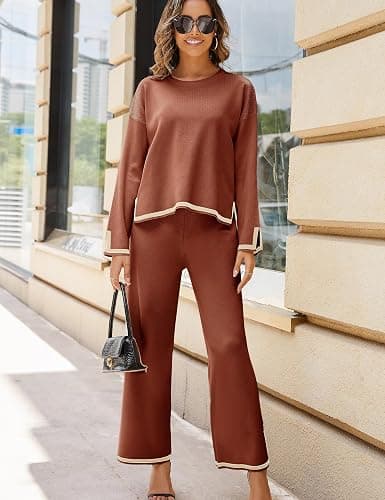 Tanming Women's 2 Piece Outfits Long Sleeve Knit Sweater Top Wide Leg Pants Lounge Sets Tracksuits - X-Small - Rust thumbnail 2