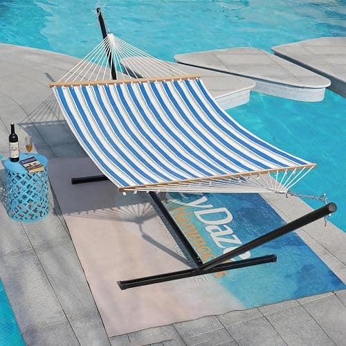 Lazy Daze Hammocks Quick Dry Hammock with Spreader Bar Textliene Fabric Double 2 Person Hammock with Chains Outdoor Patio Poolside Backyard Beach 450 lbs Capacity, Blue Stripes thumbnail 2
