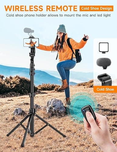 Phone Tripod, 86" Tall Tripod for iPhone with Flexible Gooseneck & Remote, Portable Aluminum Cellphone Stand for Selfies, Video Recording,Travel, Compatible with iPhone Android thumbnail 3