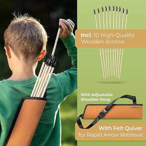 BOWRILLA® Wooden Bow and Arrow for Kids with 10 Arrows, Quiver, 3 Targets & Storage Bag | Kids Bow and Arrow Set for Right- and Left-Handers | Indoor and Outdoor Toys for Children Boys & Girls thumbnail 6