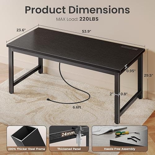 Huuger 55 x 24 inch Desk with Power Outlets & USB-C, Deeper & Thicker Desktop, Robust Metal Tubes, Computer Desk, Heavy Duty Office Desk, Work Gaming Desk for Home Office, Black thumbnail 2
