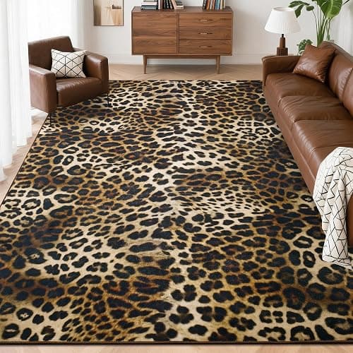 Foxmas Leopard Area Rugs for Living Room, 8x10 Feet Machine Washable Cheetah Print Rug, Non-Slip Indoor Floor Animal Rug, Carpet for Bedroom Dining Room Laundry Room Kitchen Home Office, Dark Brown - Image 1