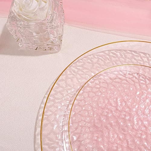 SUT 36Pcs Pink Plastic Plates, Hammered Plates Disposable Heavy Duty, Pink Disposable Plates With Gold Rim, Fancy Plastic plates Include 18 Dinner and 18 Dessert plates for Valentine's Day thumbnail 6