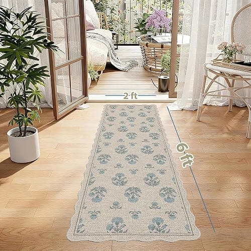 ORTIGIA Scalloped Easy Jute 2x6 Kitchen Runner Rug Vintage Blue Floral Farmhouse Washable Rug Non-Slip Outdoor Carpet for Entryway Indoor Hallway Patio Laundry Room thumbnail 3