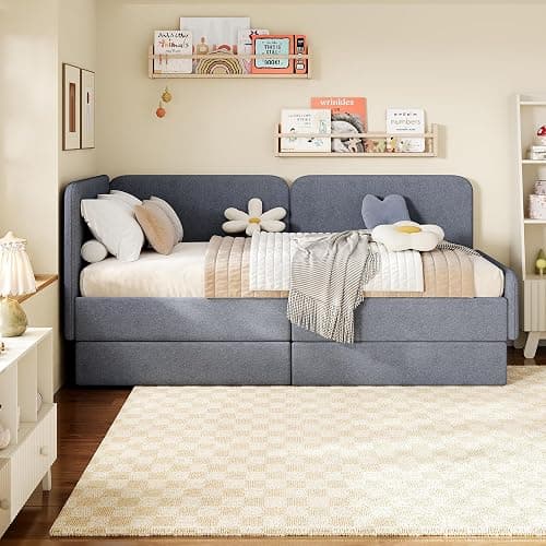 Ailisite Twin Size Corner Bed Frame with 2 Storage Drawers, Twin Size Daybed with Extended Headboard, Upholstered 2-in-One Multifuntion Bed Frame with Guardrails,Modern Bed Frame,Light Grey thumbnail 5