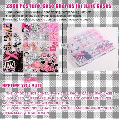 2380 Pcs Junk Phone Case Charms Kit,Charms for Customizing Diy Cases ，With Nail Accessories,Cute Bow,Flatback Pearls,Star,Love, Candy,Letter Beads,Cute Aesthetic Big Decor for Personalization thumbnail 5