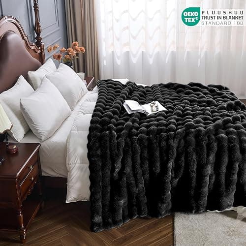 PLUUSHUU Faux Fur Throw Blanket for Couch, Fluffy Fuzzy Plush Bubble Blanket, Soft Warm Cozy Shaggy Rabbit Blanket, Luxury Decorative Gifts for Sofa Bedroom Living Room, 60x50inch (Black) thumbnail 6