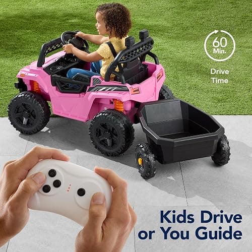 Best Choice Products Kids 12V Electric Ride On UTV Car and Trailer w/Parent Control, LED Lights, 2 Speeds, Bluetooth - Pink thumbnail 5