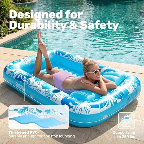 SLOOSH Inflatable Tanning Pool Lounger Float, 70" x 46" Pool Floats Adult with Pillow, 4 in 1 Suntan Tub Raft Floatie,Sunbathing Bed Lounge for Water Blow Up Kids Ball Pit Party Gifts, L-Blue thumbnail 5