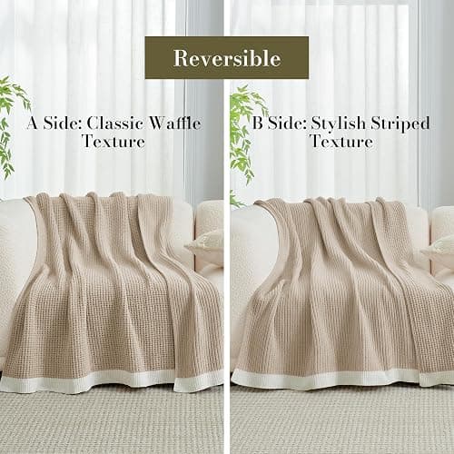 Amélie Home Waffle Throw Blanket for Couch, Soft Cozy Chenille Knit Blanket Warm Decorative Throw for Sofa, 50"x60", Beige thumbnail 5