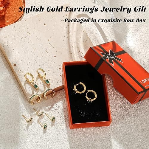 LOFITOR 5 Pairs Sterling Silver Post Stud Hoop Earrings Set Dainty 14k Gold Plated Earrings for Women S925 Green CZ Cartilage Stud Huggie Earring for Multiple Piercing Small Earring Stacks thumbnail 5