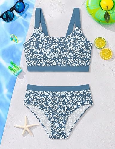 AGAPENG Girls Swimsuit Color Block Bikini Sets Tropical Print Bathing Suit Two Piece Adjustable Straps Sporty Swimwear 9-16Y thumbnail 7