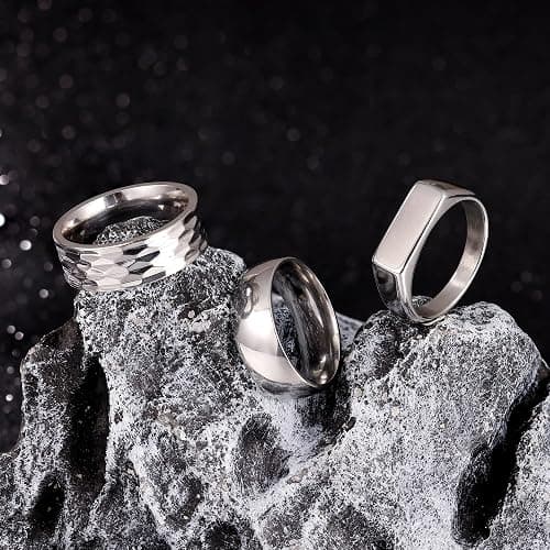 REVOLIA 3Pcs Stainless Steel Rings for Men 8MM Hammered Wedding Ring Set Square Signet Rings Pinky Silver Ring Simple Mens Band Rings Gold/Black/Silver Size 7-13 thumbnail 2