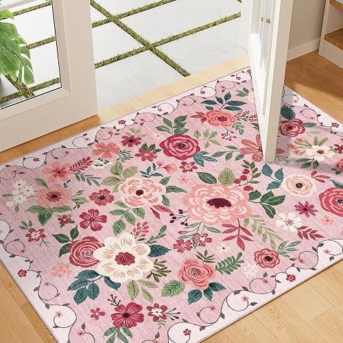 DUKINO 2x3 Rugs for Entryway, Floral Indoor Washable Door Mat, Non Slip Boho Small Rug for Kitchen, Soft Low Pile, Front Door Throw Rug for Entrance, Bedroom, Kitchen, Laundry, Bathroom, Pink thumbnail 3