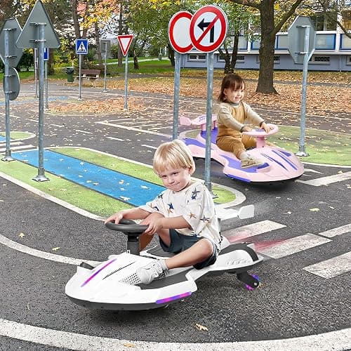 12V Electric Wiggle Car with Pedal for Kids, Rechargeable 2 in 1 Swing Car, Drifting Ride On Toys with Backrest, Anti-Rollover, Spray, Flashing Light, Music, for Ages 3 and Up, 150 Lbs (White) thumbnail 2