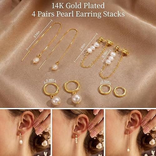 Pearl Earrings for Women, Gold Plated Huggie Hoop Drop Earrings | Hypoallergenic pearl hoop earrings designed for multiple piercings, cartilage styling and everyday wear thumbnail 4