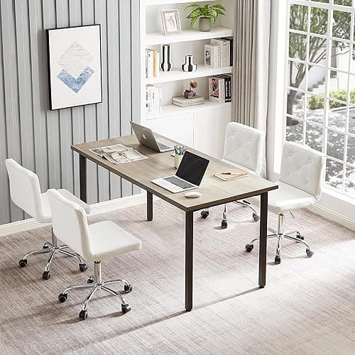 VECELO PU Leather Mid-Back Armless Vanity Chair Adjustable Height 360° Rolling Swivel for Home Office Work, White - White thumbnail 6