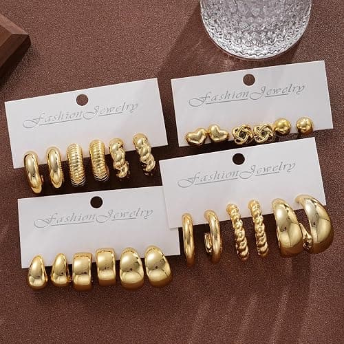 12 Pairs Chunky Gold Hoop Earrings for Women Trendy, Gold Plated Lightweight Hypoallergenic Stack, Thick Open Twisted Huggie Hoops Earring Set - Gold Chunky thumbnail 9