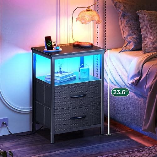 Huuger Night Stand with Charger Station and LED Lights, 2 Drawer Nightstand, Bed Side Table with Open Shelf, End Table, Fabric Dresser for Bedroom, Black thumbnail 4