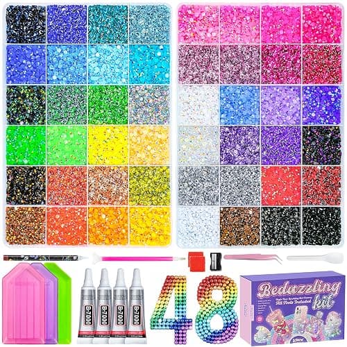 70000Pcs 48 Colors Bedazzling Kit 2 Boxes with Rhinestones, 3mm Resin Flatback Rhinestones with 4 Pcs B7000 Jewelry Glue & Tools, Diamond Art All-in-One Bedazzling Kit for DIY Arts & Crafts Gifts - Image 1