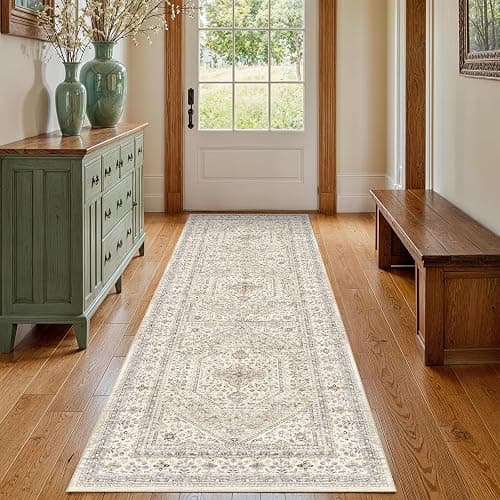 2x5 Runner Rug for Hallway Washable: Non Slip Kitchen Rugs with Rubber Backing Soft Waterproof Mats Stain Resistant Indoor Vintage Carpet Runner for Bedroom Bathroom Laundry Entryway Beige/Gray thumbnail 3