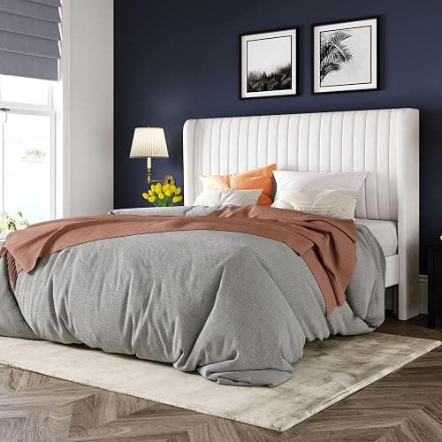 Allewie Queen Size Velvet Bed Frame/Vertical Channel Tufted Wingback Headboard/Upholstered Platform Bed/Strong Wooden Slats/No Box Spring Needed/Easy Assembly/White - Image 1