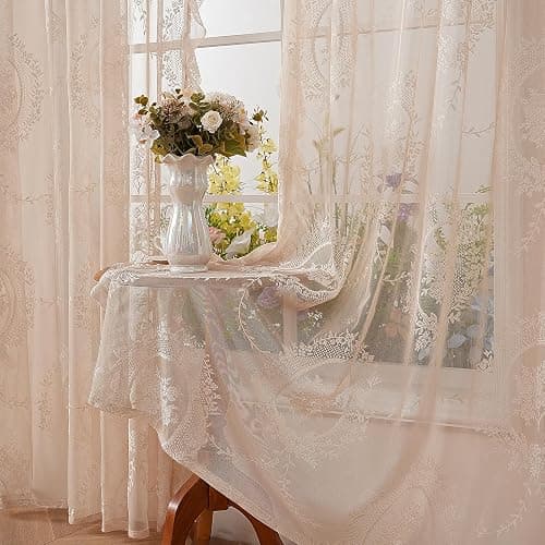 102 Inches Length Beige Lace Curtains for Bedroom 2 Panels Set Vintage Boho Curtains Sheer Floral Embroidery Ruffled Window Treatment thumbnail 2