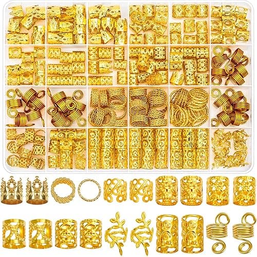 Lucomb 220 Pcs Gold Hair Jewelry for Braids, Dreadlocks & Extensions - 10 Styles, Including Crown, Cross, Sun, Double X, Plum Flower, Spring, Ring Spring, Round, Mesh, Rice & Vine - Gold
