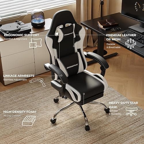 Dowinx Ergonomic Gaming Chair with Footrest, Heavy Duty 330lbs Office Chair, Massage Lumbar Support, Adjustable Height & Headrest Pillow, Comfortable for Back Pain Relief Streaming Long Gaming White thumbnail 6
