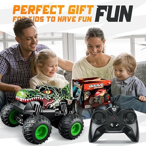 BEZGAR Monster Truck Toys，1:20 Remote Control Car with Light & Music | Green Dinosaur Toys for Kids,RC Truck with 360° Spins and Drifting, Toy Car Gifts for Boys, Battery Life of 20 Minutes thumbnail 7
