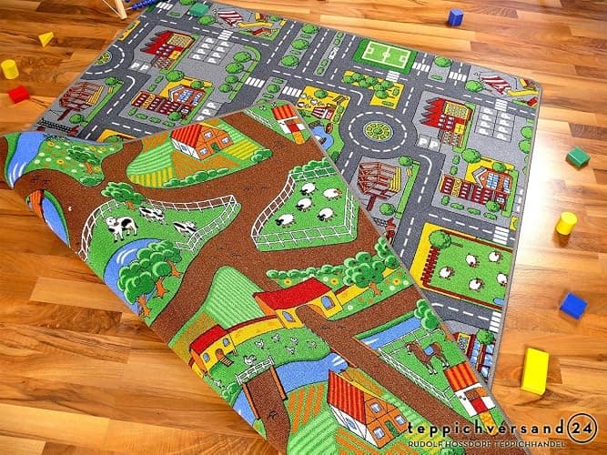 Lernen und Spielen Tapis de Jeu avec Routes - réversible - Deux Faces avec paysages Routiers différents, Taille:100x165 cm - Image 1