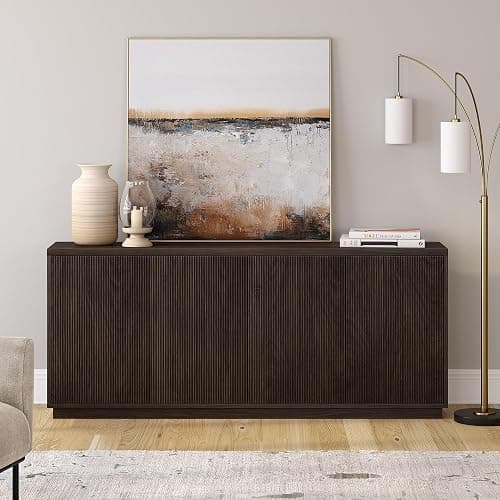 Henn&Hart 68" Fluted Sideboard Buffet Cabinet, Modern Ribbed Wooden Credenza with 4 Doors, Adjustable Shelves, and Cable Management Cut-Outs for Dining Room, Living Room or Entryway, Warm Brown thumbnail 2