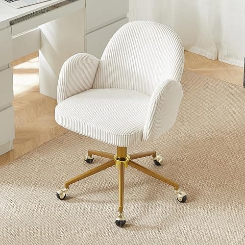 Home Office Chair with Petal Backrest, Corduroy Upholstered Desk Chair with Adjustable Swivel Wheels, Ergonomic Chairs for Living Room, Bedroom, Office, Study, Flower Cute Girls Vanity Chair(Beige) thumbnail 9