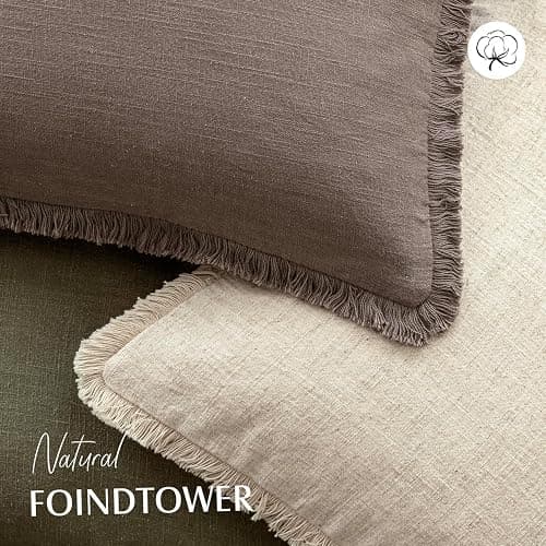 Foindtower Set of 2 Decorative Linen Fringe Throw Pillow Covers Cozy Farmhouse Cushion Cover with Tassels Accent Pillowcase for Couch Chair Sofa Bed Living Room Home Decor,18×18 Inch,Light Coffee thumbnail 4