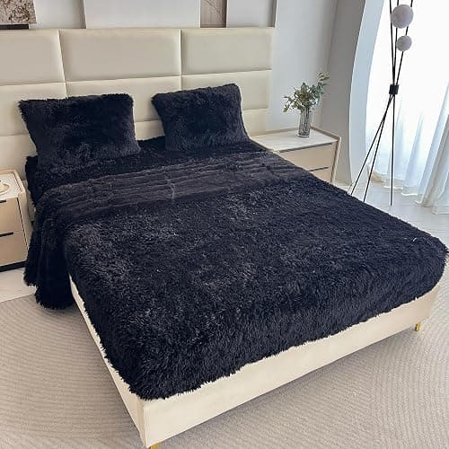 chovy Faux Fur Black Full Sheet Set with Extra Soft Plush Velvet Flannel Fluffy Fuzzy (Pillowcase x 2, Flat Sheet x 1, Fitted Sheet x 1) thumbnail 2