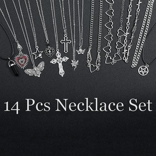 LIRUNQIN 14 Pcs Grunge Goth Necklace Set Y2k Grunge Jewelry Gothic Cross Y2k Star Emo Accessories Y2k Jewelry Set for Women Men thumbnail 2