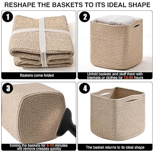 ICERZCZ 11 Inch Cube Storage Bins, Storage Cube Organizer Bins, Woven Cotton Rope Baskets for Storage, Storage Basket for Organizing Shelves, Square Baskets for Toys Nursery, Brown (Pack of 3) - Brown - 11"×11"×11" (Pack of 3) thumbnail 7