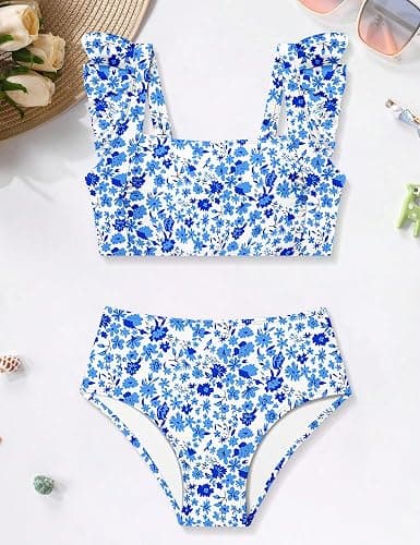 ZAANTI Girls 2 Piece Swimsuit Square Neck Ruched Ruffle Trim Bikini Sets Adjustable Straps Bathing Suit for Teen Girls 9-16Y thumbnail 6