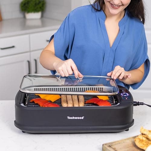 Indoor Smokeless Grill, Techwood 1500W Electric Indoor Grill with Tempered Glass Lid, Portable Non-stick BBQ Korean, Turbo Smoke Extractor Technology, Drip Tray& Double Removable Plate, Black thumbnail 2