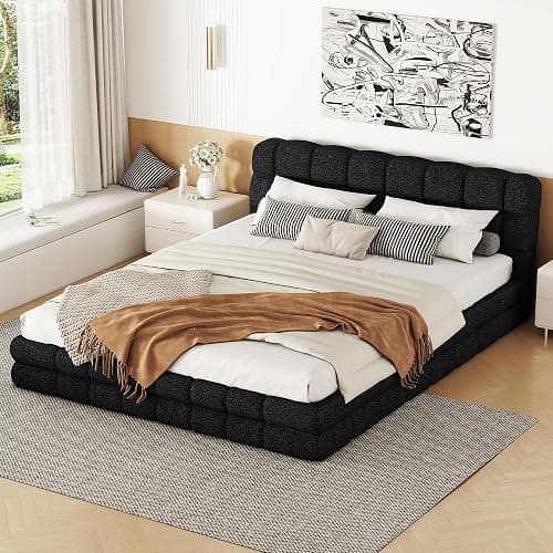 SOFTSEA Queen Size Upholstered Platform Bed Frame, Fleece Fabric Floor Platform Bed with Soft Headboard, Queen Grounded Bed Frame with Wood Slats for Kids Teens Adults, Easy Assembly (Black) thumbnail 3