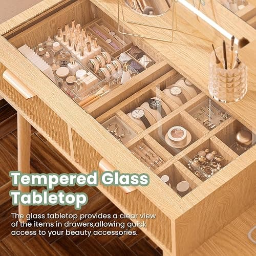 Fkhouse Fluted Makeup Vanity with Mirror and Lights,5 Drawers Glass Top Vanity Desk with Glass Door Cabinet,Power Outlet,6 Shelves,9-Grid Organizer,Lighting Adjustable Dressing Table,Natural Oak thumbnail 4