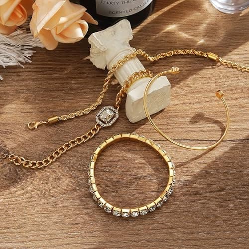 4 Pcs Dainty Gold Silver Bracelets Set for Women 14K Plated Link Cubic Zirconia Paperclip Stake Layering Chain Adjustable Trendy Hand Jewelry thumbnail 5