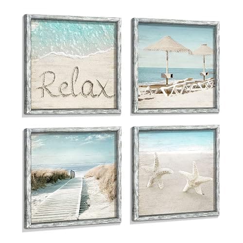Ocean Framed Wood Wall Art: Beach Picture Seascape Artwork Coastal Prints Starfish Boardwalk Art Collection Wall Decor Set of 4 for Bathroom - Image 1