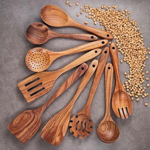 Wooden Kitchen Utensils Set,GUDAMAYE 9 PCE Natural Teak Wooden Spoons For Non-stick Pan for Cooking, thumbnail 3