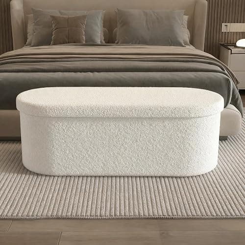 GLAXYFUR Oval Ottoman with Storage for Living Room, Sherpa Bench, Beige | 43.3 Inches Folding Chest, Foot Rest, End of Bed Bench for Bedroom, Hallway thumbnail 4