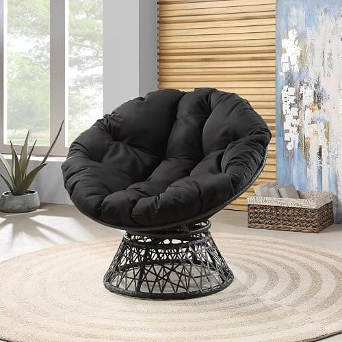 OSP Home Furnishings Wicker Papasan Chair with 360-Degree Swivel, Grey Frame with Black Cushion thumbnail 2